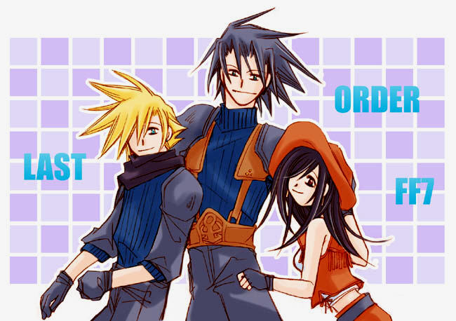 cloud strife, tifa lockhart, zack fair, final fantasy, final fantasy vii, last order: final fantasy vii, 00s, 1990s (style), 1girl, 2boys, aqua eyes, black gloves, black hair, blonde hair, blue eyes, brown eyes, checkered background, classica, cowboy hat, fingerless gloves, fringe trim, gloves, hat, midriff, multiple boys, retro artstyle, scarf, simple background, spiked hair, standing, text focus, turtleneck, vest