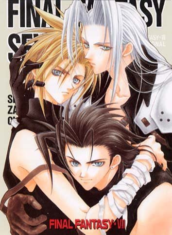 cloud strife, sephiroth, zack fair, final fantasy, final fantasy vii, lowres, bandages, blonde hair, brown hair, grey hair, long hair, male focus, yaoi