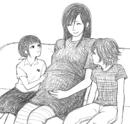 denzel (ff7), marlene wallace, tifa lockhart, final fantasy, final fantasy vii, artist request, lowres, 1990s (style), 1boy, 2girls, breasts, child, couch, family, multiple girls, pregnant, retro artstyle, sitting