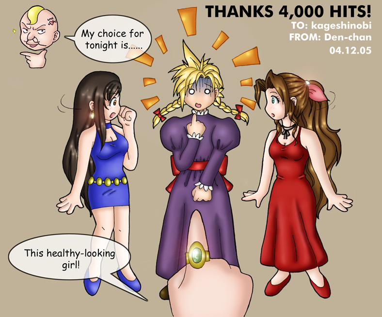 aerith gainsborough, cloud strife, don corneo, tifa lockhart, final fantasy, final fantasy vii, english, alternate costume, chain belt, crossdressing, dress, ponytail