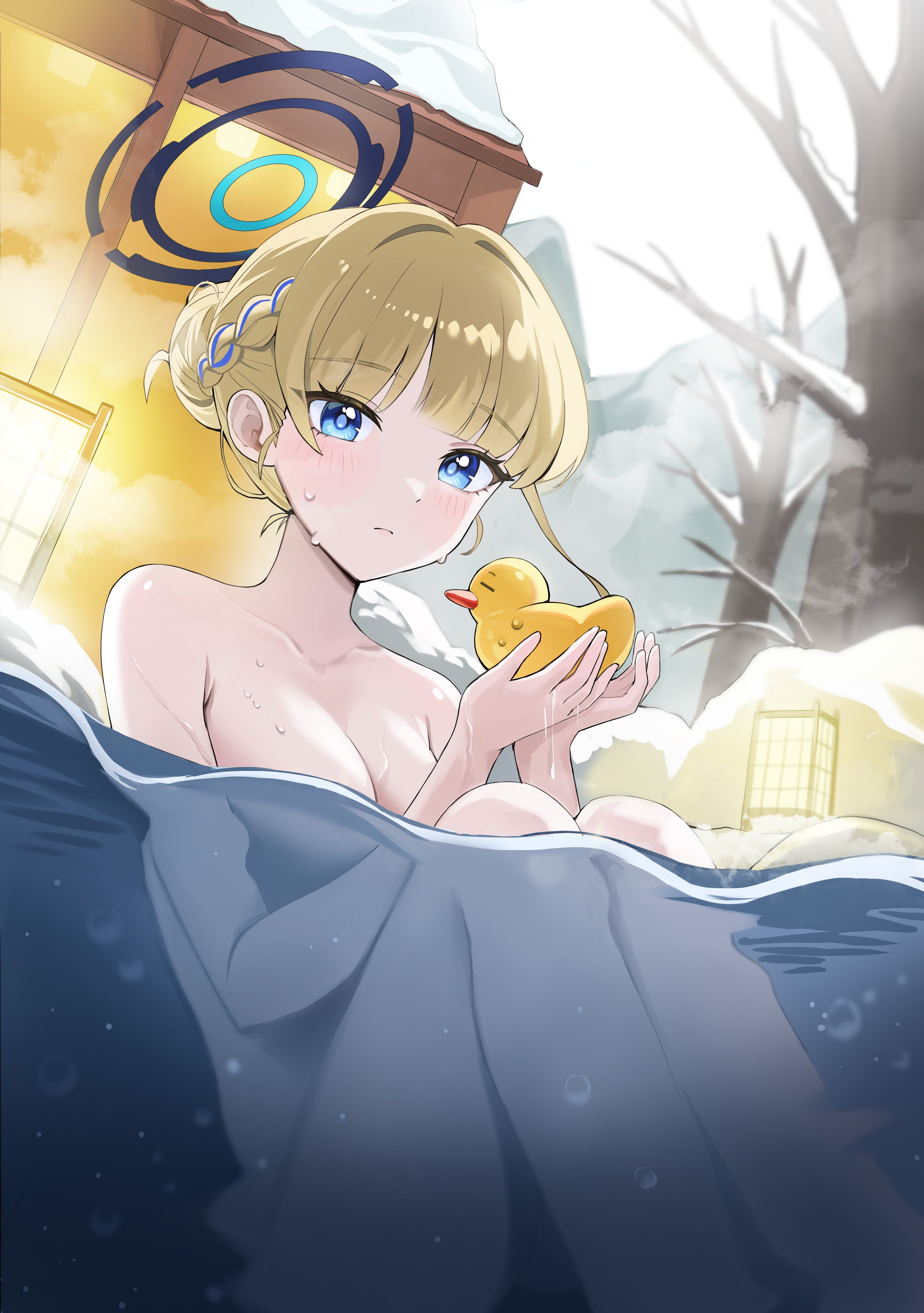 prock, toki (blue archive), blue archive, absurdres, commentary request, highres, 1girl, blonde hair, blue eyes, blue halo, blush, braid, breasts, collarbone, hair bun, half up braid, halo, holding rubber duck, knees up, looking at viewer, medium breasts, nude, onsen, outdoors, partially submerged, rubber duck, sitting, solo, steam, water
