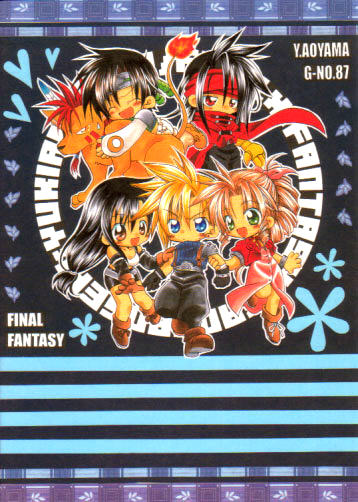 aerith gainsborough, cloud strife, red xiii, tifa lockhart, vincent valentine, yuffie kisaragi, final fantasy, final fantasy vii, 1990s (style), 2boys, 3girls, animal, black hair, blonde hair, blue eyes, brown eyes, brown hair, chibi, everyone, green eyes, headband, multiple boys, multiple girls, red eyes