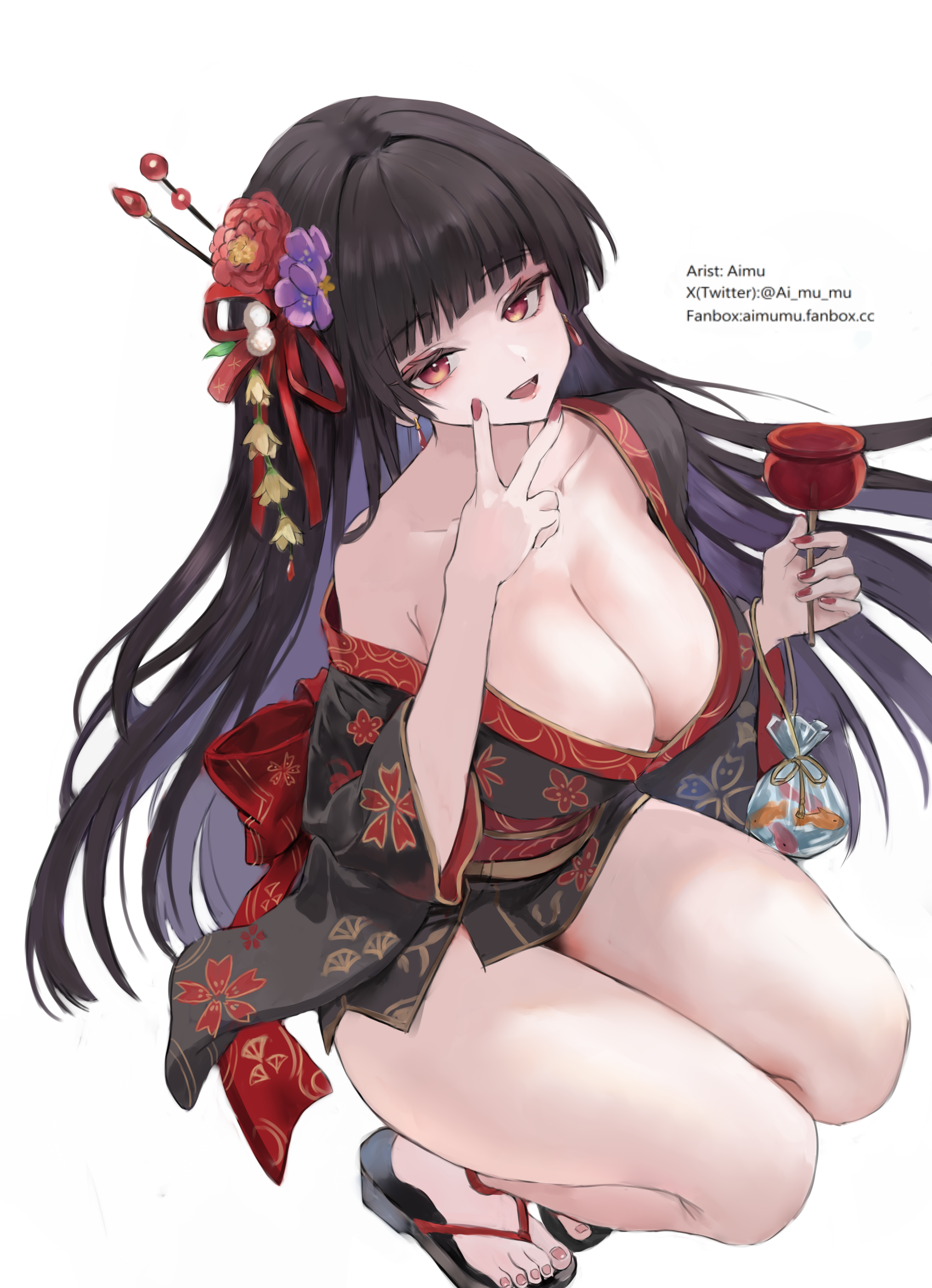 aimu (angry9565), chisa (wuthering waves), wuthering waves, commentary, highres, revision, 1girl, alternate costume, bag, bagged fish, black hair, black kimono, breasts, candy apple, cleavage, collarbone, earrings, fingernails, fish, flower, food, hair flower, hair ornament, hair ribbon, holding, holding candy apple, holding food, japanese clothes, jewelry, kimono, large breasts, long hair, looking at viewer, nail polish, obi, off shoulder, open mouth, red eyes, red flower, red nails, red ribbon, ribbon, sandals, sash, smile, solo, squatting, thighs, toes, v