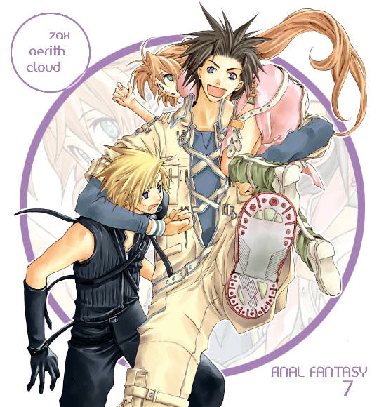 rendezvous, aerith gainsborough, cloud strife, zack fair, final fantasy, final fantasy vii, final fantasy vii: advent children, 00s, 1990s (style), 1girl, 2boys, black gloves, black hair, blonde hair, blue eyes, boots, brown hair, carrying, couple, dress, elbow gloves, gloves, green eyes, happy, hug, multiple boys, pink dress, ponytail, retro artstyle, smile, turtleneck, white boots, zipper