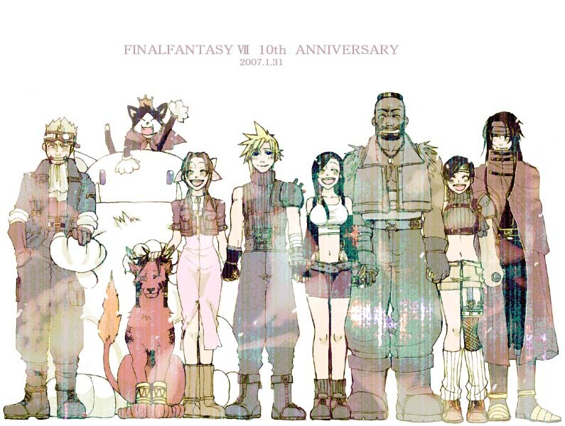 kashiyae, aerith gainsborough, barret wallace, cait sith (final fantasy), cid highwind, cloud strife, red xiii, tifa lockhart, vincent valentine, yuffie kisaragi, final fantasy, final fantasy vii, 1990s (style), 3girls, 4boys, armor, black hair, blonde hair, boots, bow, brown hair, goggles, happy, headband, holding hands, multiple boys, multiple girls, retro artstyle, smile, standing, suspenders