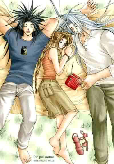 aerith gainsborough, sephiroth, zack fair, final fantasy, final fantasy vii, silver hair, 1girl, 2boys, barefoot, black hair, blanket, bow, bracelet, braid, brown hair, grass, jewelry, long hair, lying, multiple boys, outdoors, radio, shirt, skirt, sleeping, spiked hair, t-shirt, white shirt