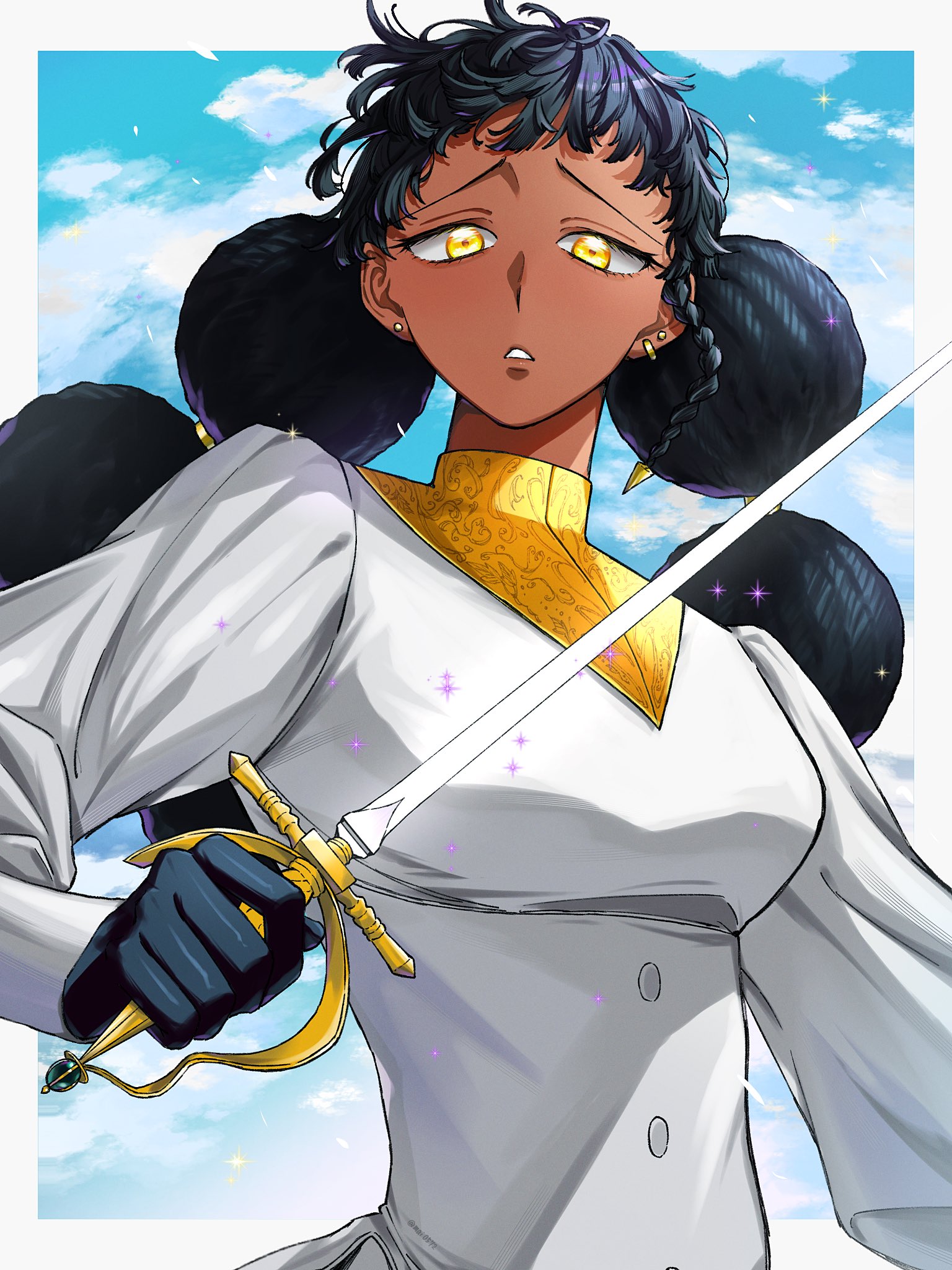 mai0572, desscaras, madan no ichi, commentary request, highres, 1girl, black hair, braid, breasts, dark-skinned female, dark skin, earrings, gloves, hair bun, holding, holding sword, holding weapon, jewelry, long hair, long sleeves, looking at viewer, open mouth, solo, sword, twintails, very dark skin, weapon, witch, yellow eyes