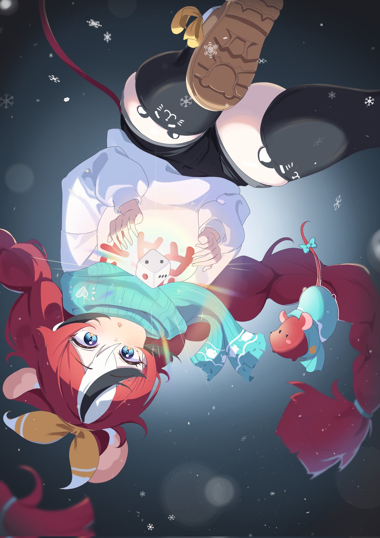 cafelittle, hakos baelz, mr. squeaks (hakos baelz), strawberry baelz, hololive, commentary, highres, 1girl, animal ear fluff, animal ear legwear, animal ears, black background, black hair, black shorts, black thighhighs, blue eyes, blue scarf, boots, bow, braid, chestnut mouth, clothes writing, dice, glowing, long hair, mouse ears, mouse tail, multicolored hair, scarf, shoes, shorts, skindentation, snow, snowflakes, sweater, tail, tail bow, tail ornament, thick thighs, thighhighs, thighs, twin braids, upside-down, very long hair, white hair, white sweater, yellow bow
