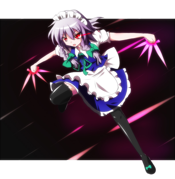 rekurisu, izayoi sakuya, touhou, silver hair, artist request, 1girl, braid, female focus, full body, gradient background, knife, maid, red eyes, short hair, solo, thighhighs, throwing knife, twin braids, weapon