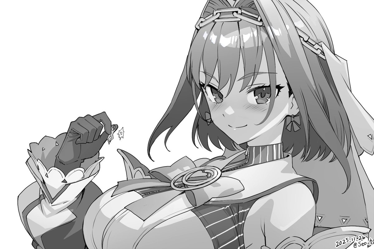 seo tatsuya, ouro kronii, ouro kronii (1st costume), hololive, hololive english, commentary request, 1girl, breasts, chain, closed mouth, dated, gloves, greyscale, large breasts, looking at viewer, monochrome, short hair, simple background, smile, solo, twitter username, upper body, virtual youtuber, white background
