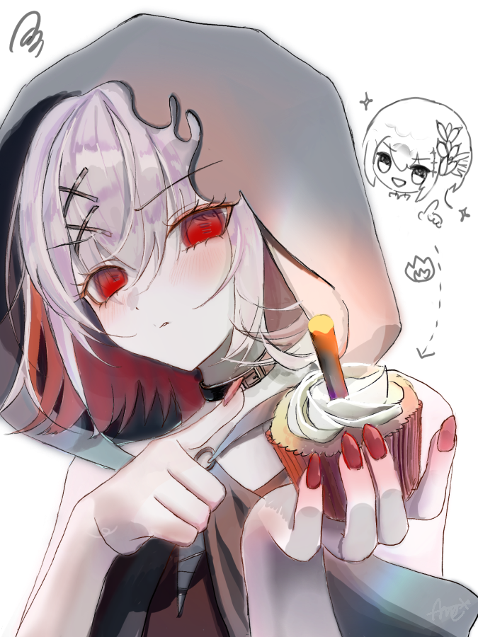 amedama ameme, hasumi leia, nikaido hiro, sakuraba ema, shito alisa, tono hanna, mahou shoujo no majo saiban, commentary request, 1girl, candle, chibi, chibi inset, closed mouth, colored inner hair, cupcake, empty eyes, fire, food, grey hair, hair ornament, hands up, happy birthday, holding, holding food, hood, hood up, looking at viewer, multicolored hair, pyrokinesis, red eyes, short hair, solo, transparent background, upper body, x hair ornament