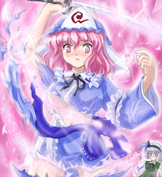 flx, konpaku youmu, saigyouji yuyuko, touhou, silver hair, 2girls, blush, breasts, covered erect nipples, exploding clothes, female focus, hairband, hat, japanese clothes, katana, large breasts, midriff, multiple girls, o o, pink eyes, pink hair, short hair, sword, tearing clothes, torn clothes, underboob, weapon