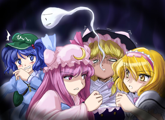 flx, alice margatroid, kawashiro nitori, kirisame marisa, patchouli knowledge, subterranean animism, touhou, 4girls, blonde hair, blue eyes, blue hair, female focus, giving up the ghost, hair bobbles, hair ornament, hair ribbon, hairband, hat, key, long hair, multiple girls, neckwear grab, purple eyes, purple hair, ribbon, scarf, scarf grab, short hair, twintails, two side up, witch, witch hat, yellow eyes