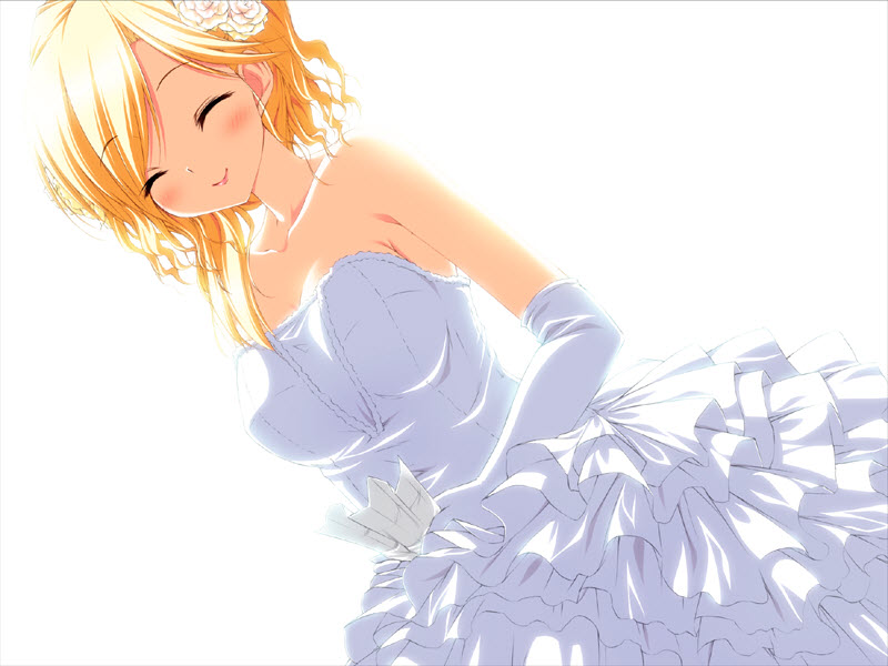 zansho omimai moushiagemasu, game cg, 1girl, ^ ^, bare shoulders, blonde hair, breasts, bride, closed eyes, dress, elbow gloves, female focus, flower, gloves, hair flower, hair ornament, large breasts, simple background, smile, solo, wedding dress, white background