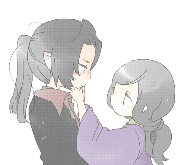 pixiv id 1298298, caranthir, maglor, the silmarillion, tolkien's legendarium, 2boys, androgynous, black hair, blush, brothers, chibi, closed mouth, elf, eyelashes, hand on another's chin, hand on another's face, height difference, high ponytail, long hair, looking at another, low ponytail, male focus, multiple boys, pointy ears, ponytail, profile, robe, siblings, simple background, sweat, sweatdrop, upper body, white background
