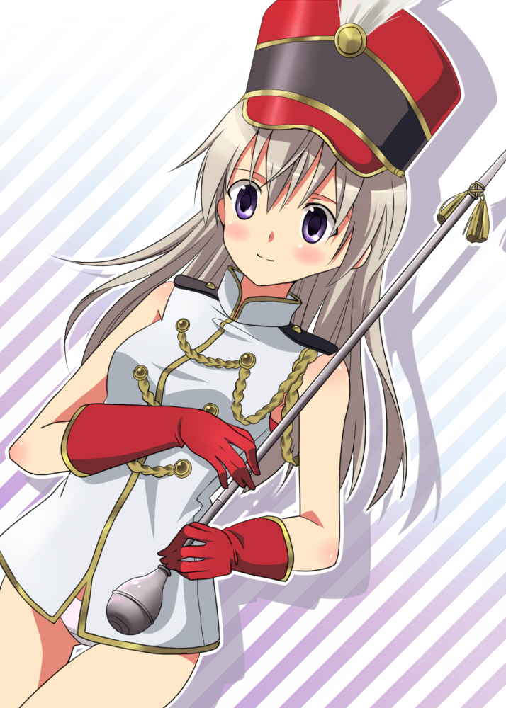 kyu, eila ilmatar juutilainen, strike witches, world witches series, baton, bad id, bad pixiv id, 00s, 1girl, band uniform, blush, female focus, hat, long hair, no pants, panties, purple eyes, shako cap, solo, underwear