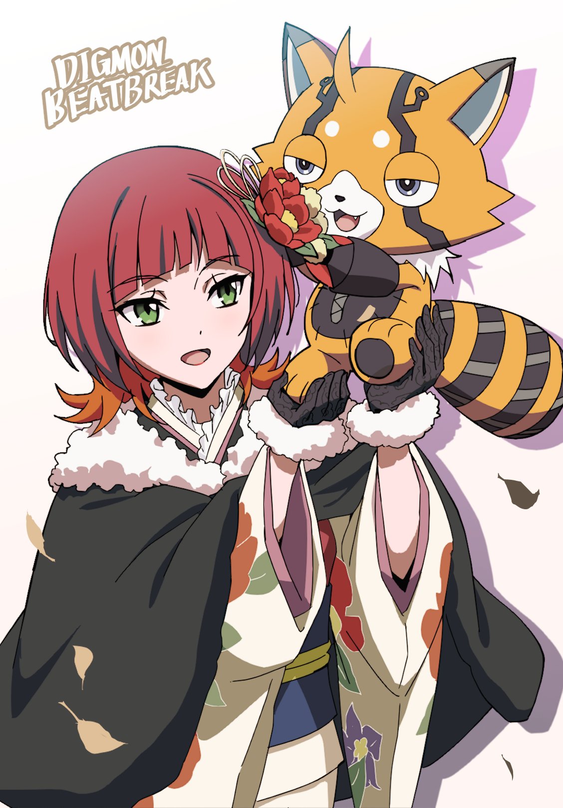 pristimon, sakuya reina, digimon, digimon beatbreak, digimon (creature), dk digimon, falling leaves, japanese clothes, kimono, leaf, open mouth, short hair, smile