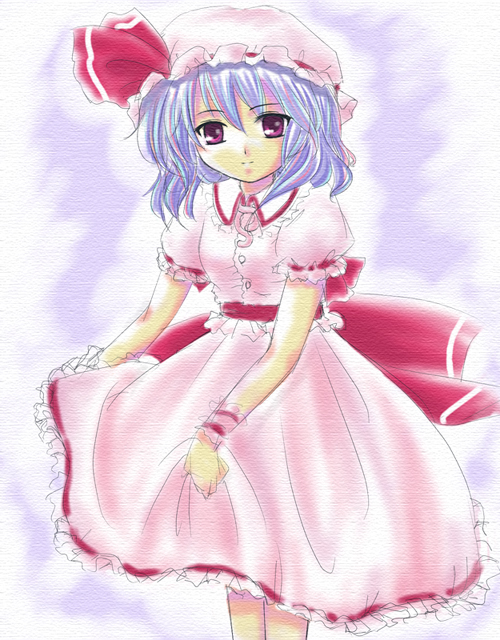 noneko, remilia scarlet, touhou, 1girl, blue hair, female focus, hat, red eyes, ribbon, short hair, solo, standing, wings