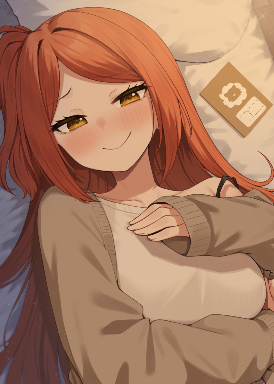binsen, ogami tamaki, idolmaster, idolmaster million live!, commentary request, highres, 1girl, aged up, blush, breasts, brown cardigan, cardigan, closed mouth, half-closed eyes, indoors, large breasts, long hair, long sleeves, looking at viewer, lying, on back, on bed, one side up, open cardigan, open clothes, orange hair, shirt, smile, solo, upper body, white shirt, yellow eyes