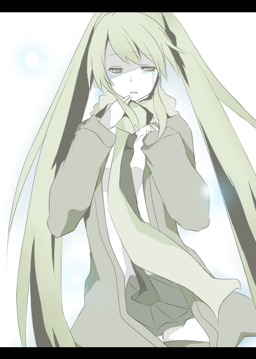 mono (recall), hatsune miku, hajimete no koi ga owaru toki (vocaloid), vocaloid, 1girl, female focus, flat color, gradient background, green eyes, green hair, letterboxed, long hair, matching hair/eyes, pale skin, scarf, snow, solo, tears, twintails, very long hair, white background, winter