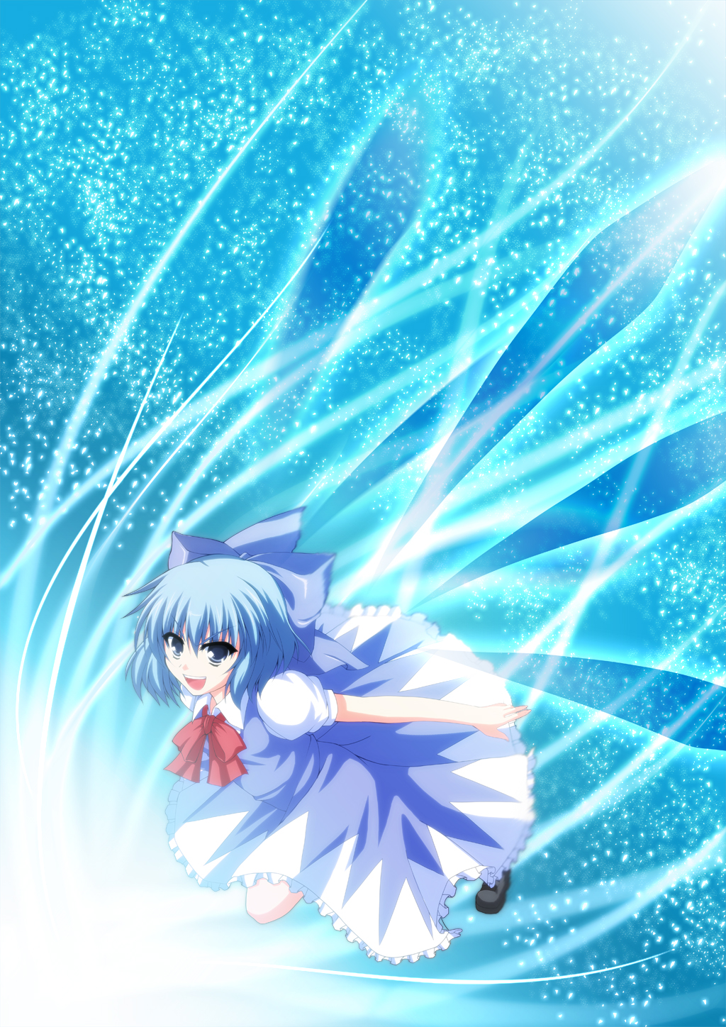 a flow, cirno, embodiment of scarlet devil, touhou, bad id, bad pixiv id, highres, 1girl, blue eyes, blue hair, blue theme, bow, female focus, full body, hair bow, matching hair/eyes, short hair, solo