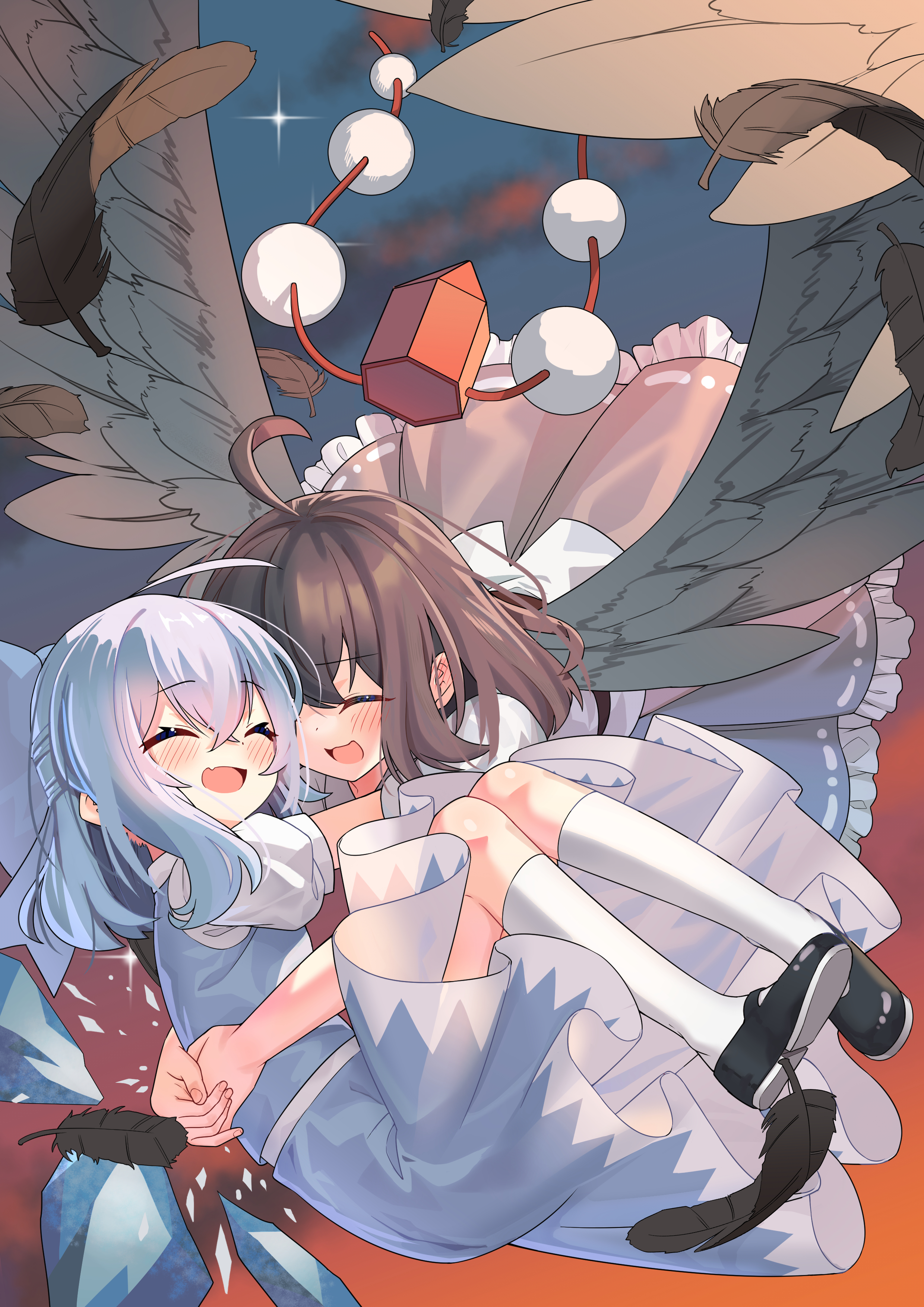 wuzeiiezuw, cirno, shameimaru aya, touhou, absurdres, commentary request, highres, 2girls, :d, ahoge, black shoes, blue dress, blue hair, blush, brown hair, closed eyes, dress, feathered wings, feathers, flying, happy, hat, hug, ice, ice wings, kneehighs, medium hair, midair, multiple girls, open mouth, pom pom (clothes), puffy short sleeves, puffy sleeves, shoes, short sleeves, sky, smile, socks, tokin hat, white socks, wings, yuri