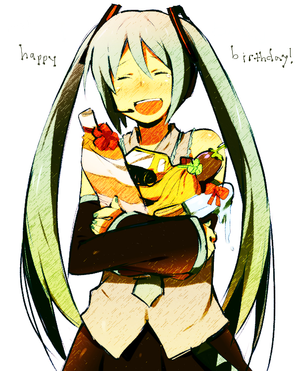 kl (dgzonbi), hatsune miku, vocaloid, 1girl, closed eyes, female focus, green hair, happy birthday, long hair, smile, solo, twintails, white background