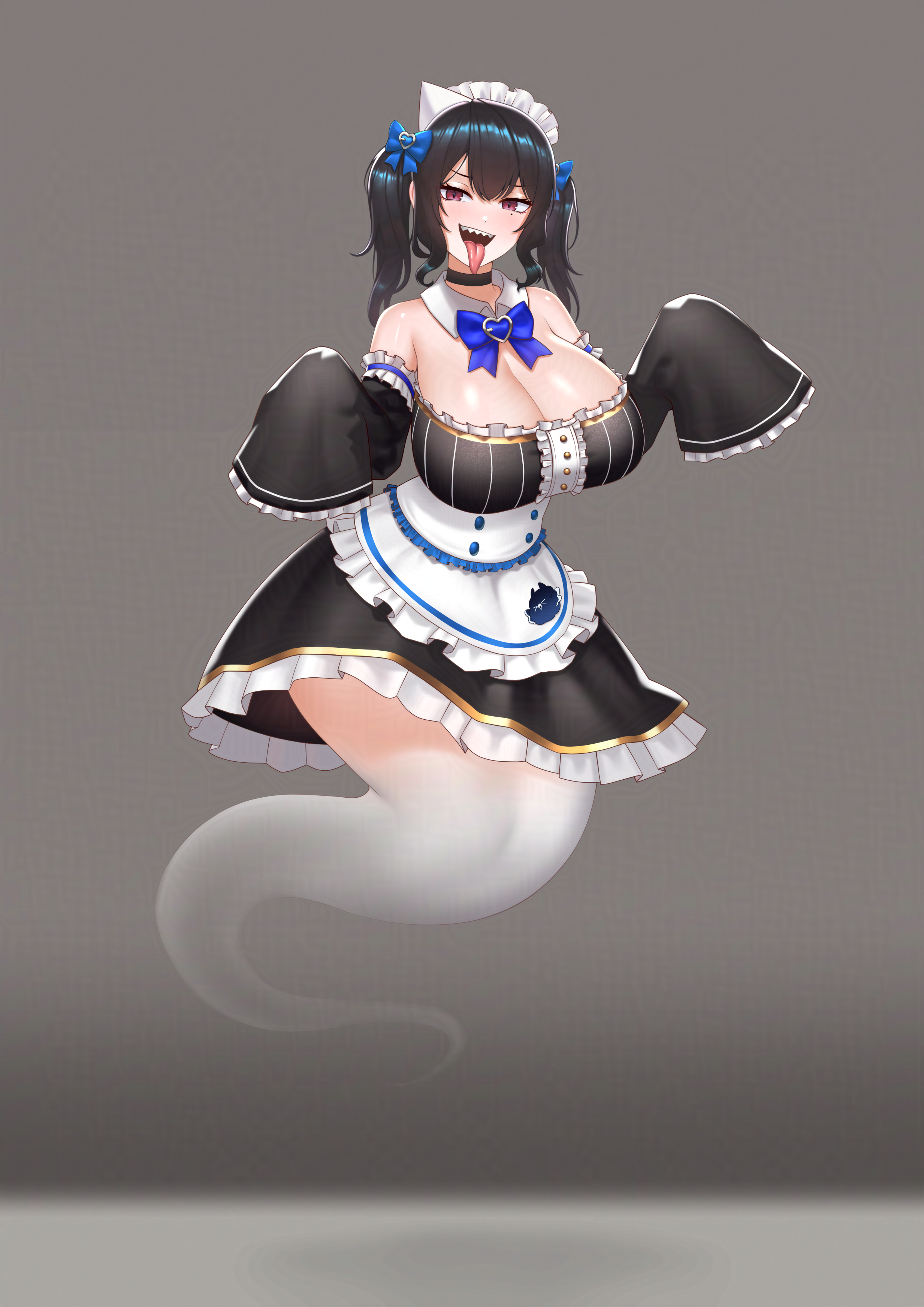 cipher4109, mint fantome, nerissa ravencroft, hololive, hololive english, indie virtual youtuber, absurdres, commentary, english commentary, highres, 1girl, alternate breast size (larger), alternate costume, alternate form, apron, bare shoulders, black hair, black sleeves, blue hair, blush, breasts, colored inner hair, detached sleeves, dress, frills, full body, ghost girl, ghost tail, large breasts, long hair, long sleeves, looking at viewer, maid, maid apron, maid headdress, mole, mole under eye, multicolored hair, open mouth, red eyes, smile, solo, thighs, tongue, tongue out, two-tone hair, very long hair, virtual youtuber, white apron