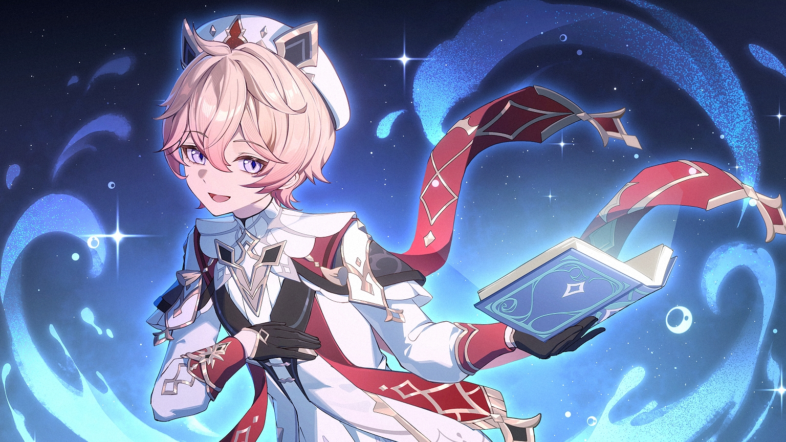 sucui qiuqiu, dahlia (genshin impact), genshin impact, chinese commentary, commentary request, 1boy, beret, black gloves, book, cape, gloves, hair between eyes, hat, holding, holding book, long sleeves, looking at viewer, male focus, open book, open mouth, pink hair, purple eyes, red cape, shirt, short hair, smile, solo, upper body, white hat, white shirt