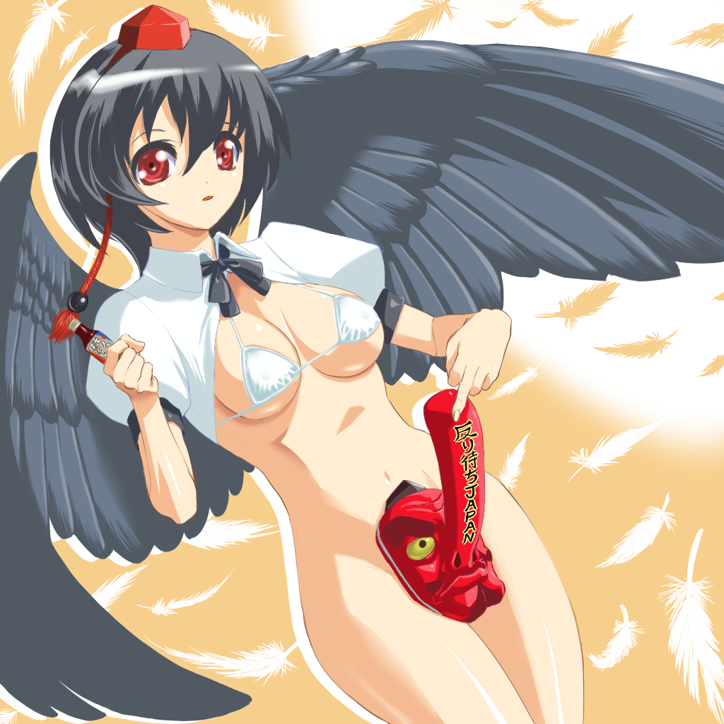 moljib, shameimaru aya, touhou, looking away, translation request, 1futa, bikini, bikini top only, black hair, black wings, bottomless, futanari, hat, mask, middle finger, red eyes, sexually suggestive, short hair, solo, swimsuit, tengu, tengu mask, tokin hat, white bikini, wings