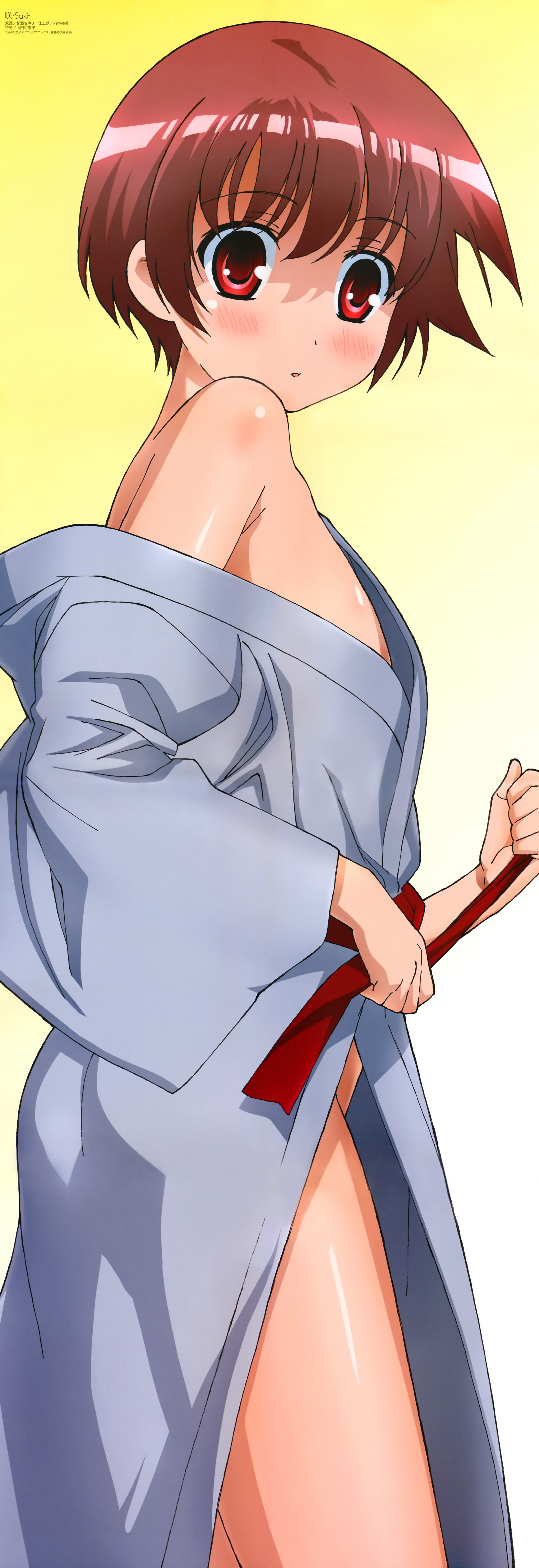 sugitou sayuri, miyanaga saki, saki (manga), absurdres, highres, long image, official art, scan, tall image, 00s, 1girl, :o, ass, bare shoulders, blush, body blush, breasts, brown hair, cowboy shot, female focus, flat chest, from side, gradient background, groin, japanese clothes, kimono, looking at viewer, looking back, no bra, no panties, off shoulder, open mouth, red eyes, ribbon, sash, short hair, side slit, sideboob, small breasts, solo, standing, stick poster, undressing, yellow background