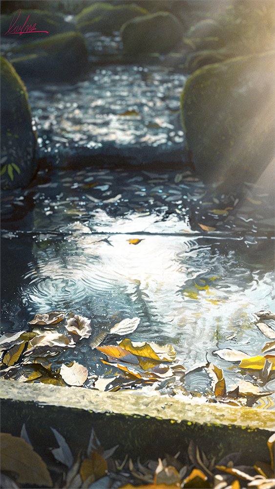 banishment, original, commentary request, blurry, day, leaf, no humans, outdoors, ripples, scenery, signature, stream, sunlight, water