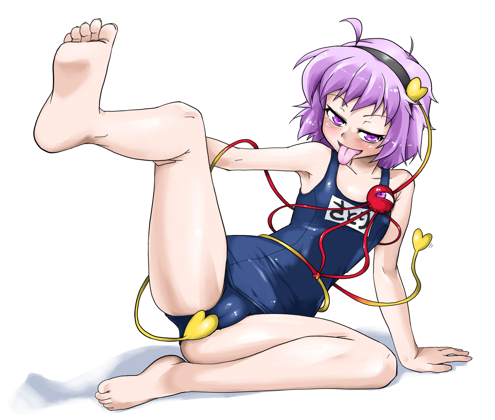akiduki i tsuki, akitsuki itsuki, komeiji satori, touhou, highres, 1girl, :p, barefoot, blush, cameltoe, feet, female focus, hairband, heart, naughty face, one-piece swimsuit, purple eyes, purple hair, school swimsuit, short hair, soles, solo, swimsuit, teasing, tongue, tongue out