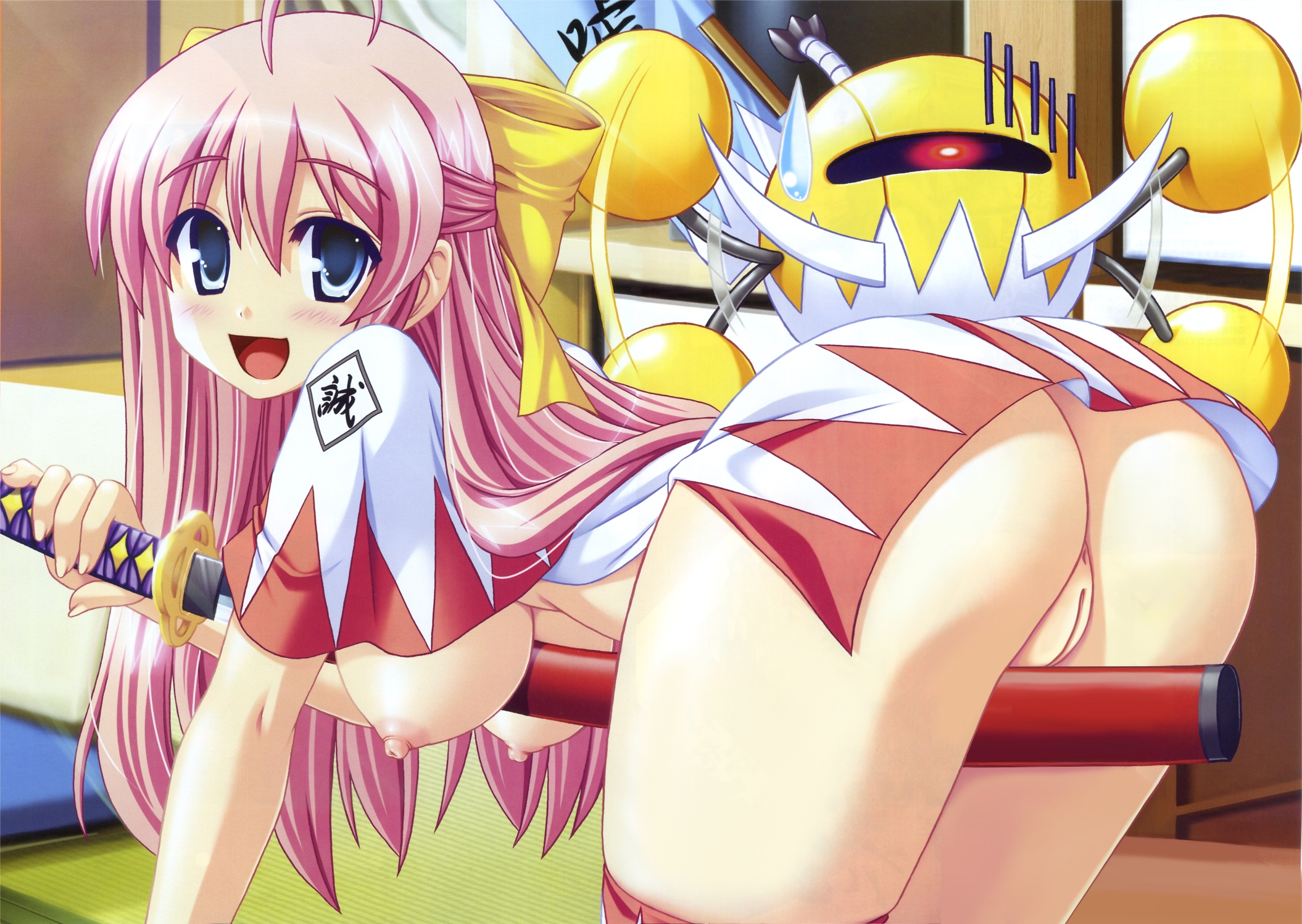 akaza, kondo isami, kondou isami, kondou isami (gakuen shinsengumi), gakuen shinsengumi, gakuen shinsengumi!, highres, 1girl, ahoge, anus, ass, bent over, between breasts, blue eyes, blush, breasts, cleft of venus, covered erect nipples, crotch rub, flag, hair ribbon, hanging breasts, katana, large breasts, long hair, looking back, nipples, no panties, open clothes, open mouth, open shirt, pink hair, pussy, ribbon, sheath, shirt, sword, thighhighs, uncensored, weapon