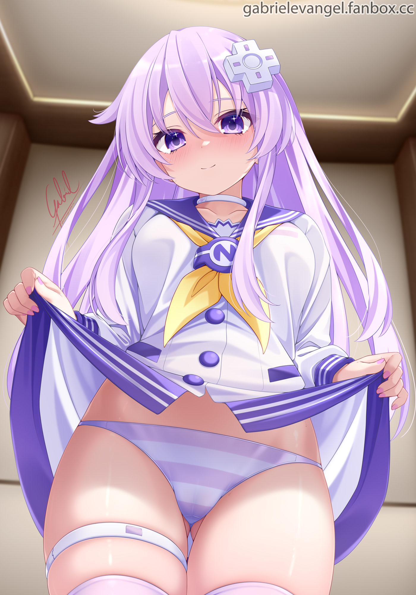 gabriel evangel, nepgear, choujigen game neptune, neptune (series), highres, paid reward available, 1girl, artist name, blush, breasts, cameltoe, choker, cleft of venus, clothes lift, cowlick, dress, from below, hair between eyes, lifting own clothes, long hair, looking at viewer, medium breasts, panties, presenting, purple eyes, purple hair, pussy, sailor collar, sailor dress, school uniform, serafuku, shirt lift, signature, skindentation, solo, striped clothes, striped panties, striped thighhighs, thighhighs, underwear, white choker