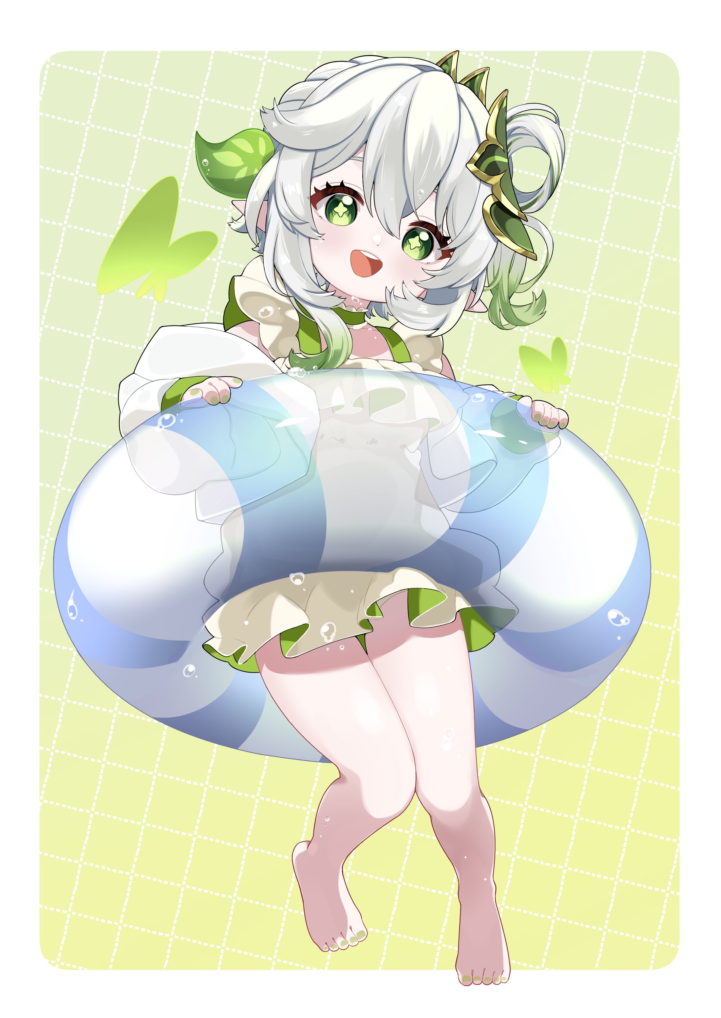 nahida (genshin impact), genshin impact, absurdres, commentary request, highres, 1girl, alternate costume, cross-shaped pupils, frilled one-piece swimsuit, frills, gradient hair, green eyes, green hair, hair between eyes, hair ornament, half crown braid, inui hinamochi, leaf hair ornament, multicolored hair, one-piece swimsuit, pointy ears, side ponytail, smile, solo, swim ring, swimsuit, symbol-shaped pupils, white hair