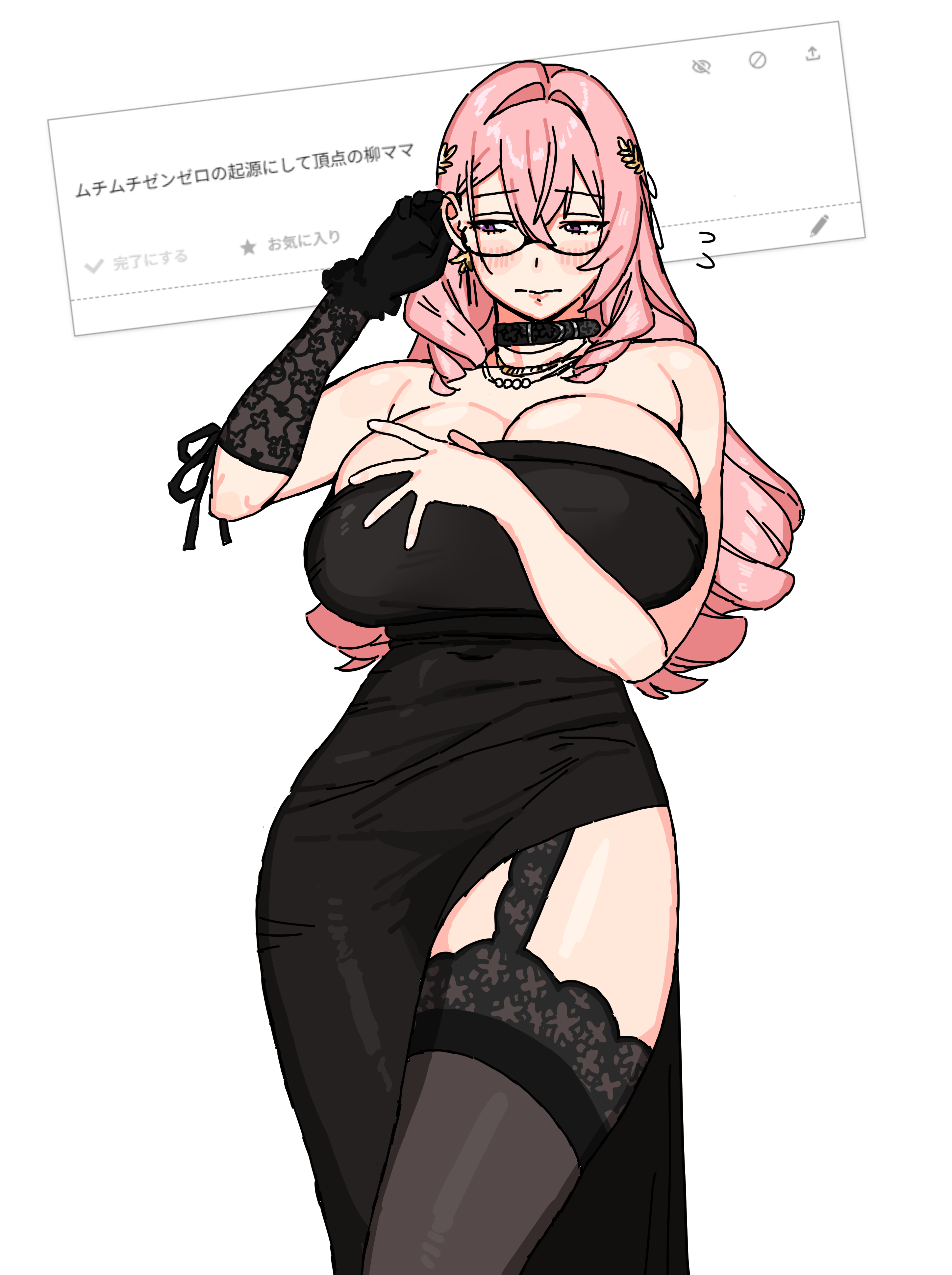 andii (anzai teachco), tsukishiro yanagi, zenless zone zero, absurdres, commentary request, highres, 1girl, alternate costume, bare shoulders, black dress, blush, breasts, cleavage, closed mouth, collar, cowboy shot, dress, earrings, elbow gloves, gloves, hair ornament, huge breasts, jewelry, long hair, looking down, necklace, pink eyes, pink hair, sidelocks, simple background, single elbow glove, solo, white background