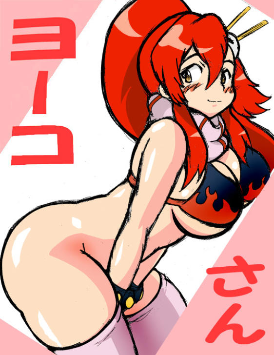 yoko littner, tengen toppa gurren lagann, 00s, 1girl, ass, blush, bottomless, breasts, curvy, female focus, large breasts, leaning forward, looking back, red hair, scarf, solo, thighhighs