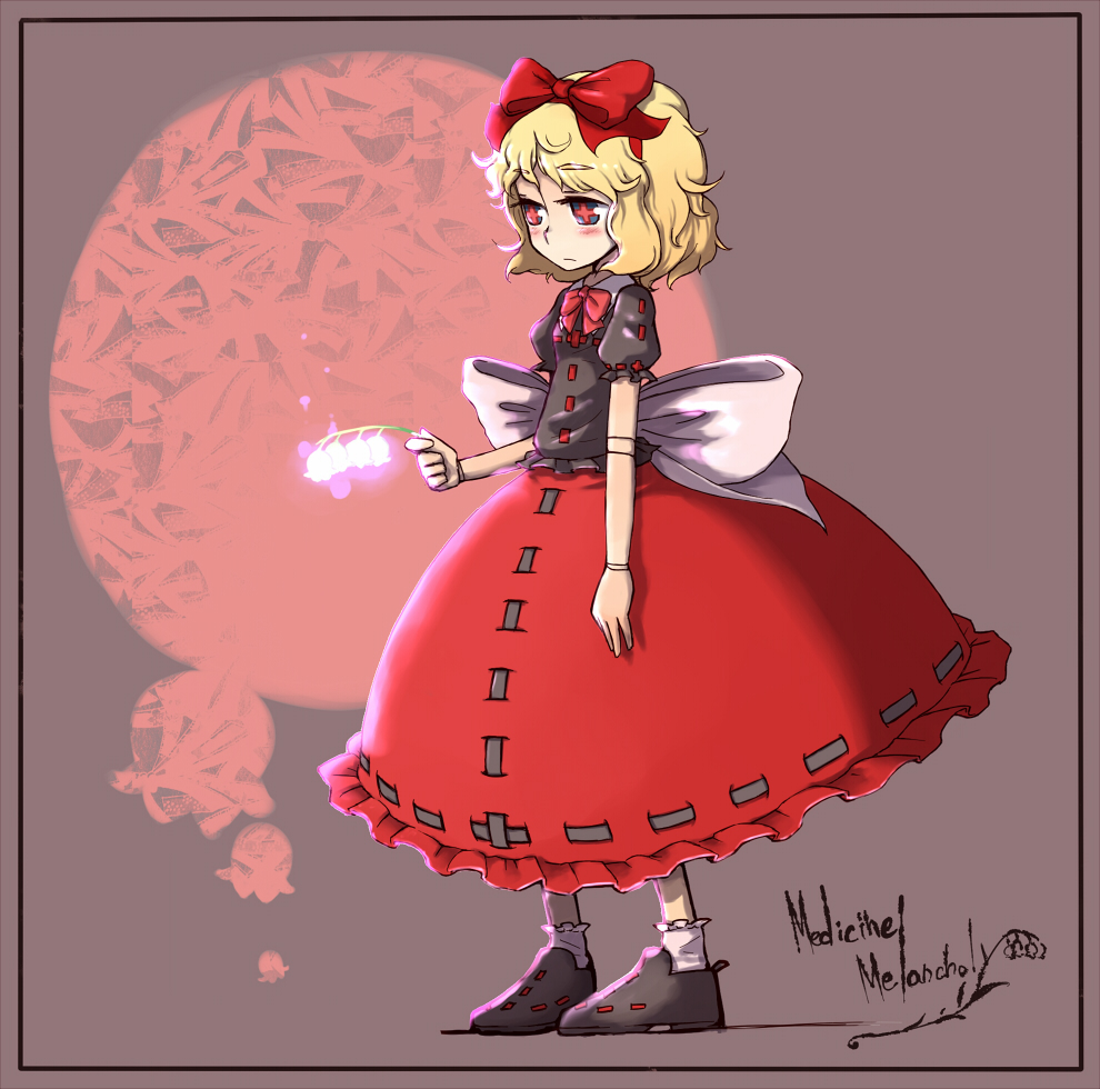daitai konna kanji, medicine melancholy, touhou, + +, 1girl, blonde hair, bubble skirt, character name, doll, doll joints, female focus, flower, joints, skirt, solo