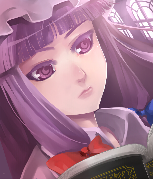 hitoto, patchouli knowledge, touhou, bad id, bad pixiv id, 1girl, blunt bangs, book, colored eyelashes, eyelashes, female focus, hat, lips, long hair, nose, portrait, purple eyes, purple hair, solo, symbol-shaped pupils