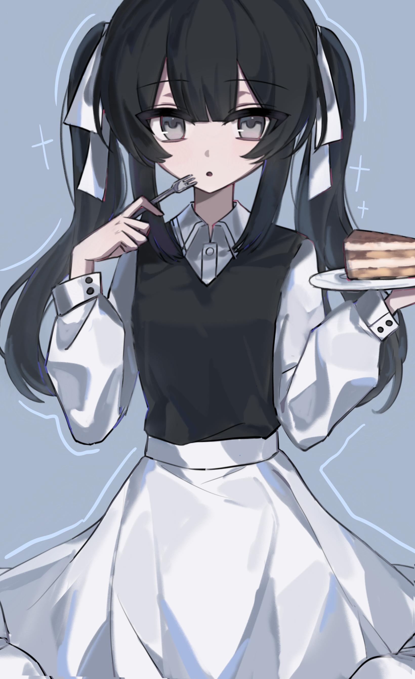 zetsuhika, kurobe nanoka, mahou shoujo no majo saiban, absurdres, chinese commentary, commentary request, highres, 1girl, black hair, black vest, cake, cake slice, collared shirt, food, fork, grey background, grey eyes, hair ribbon, hands up, holding, holding fork, holding plate, long hair, long sleeves, looking at viewer, official alternate costume, plate, ribbon, shirt, simple background, skirt, solo, standing, treasure cafe, twintails, vest, white ribbon, white shirt, white skirt