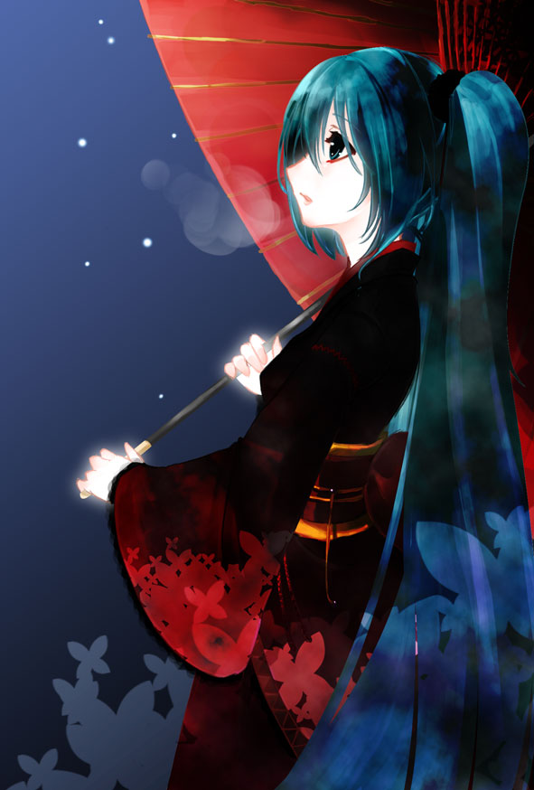 ask02, hatsune miku, vocaloid, 1girl, female focus, japanese clothes, kimono, long hair, night, oil-paper umbrella, snow, solo, twintails, umbrella, very long hair
