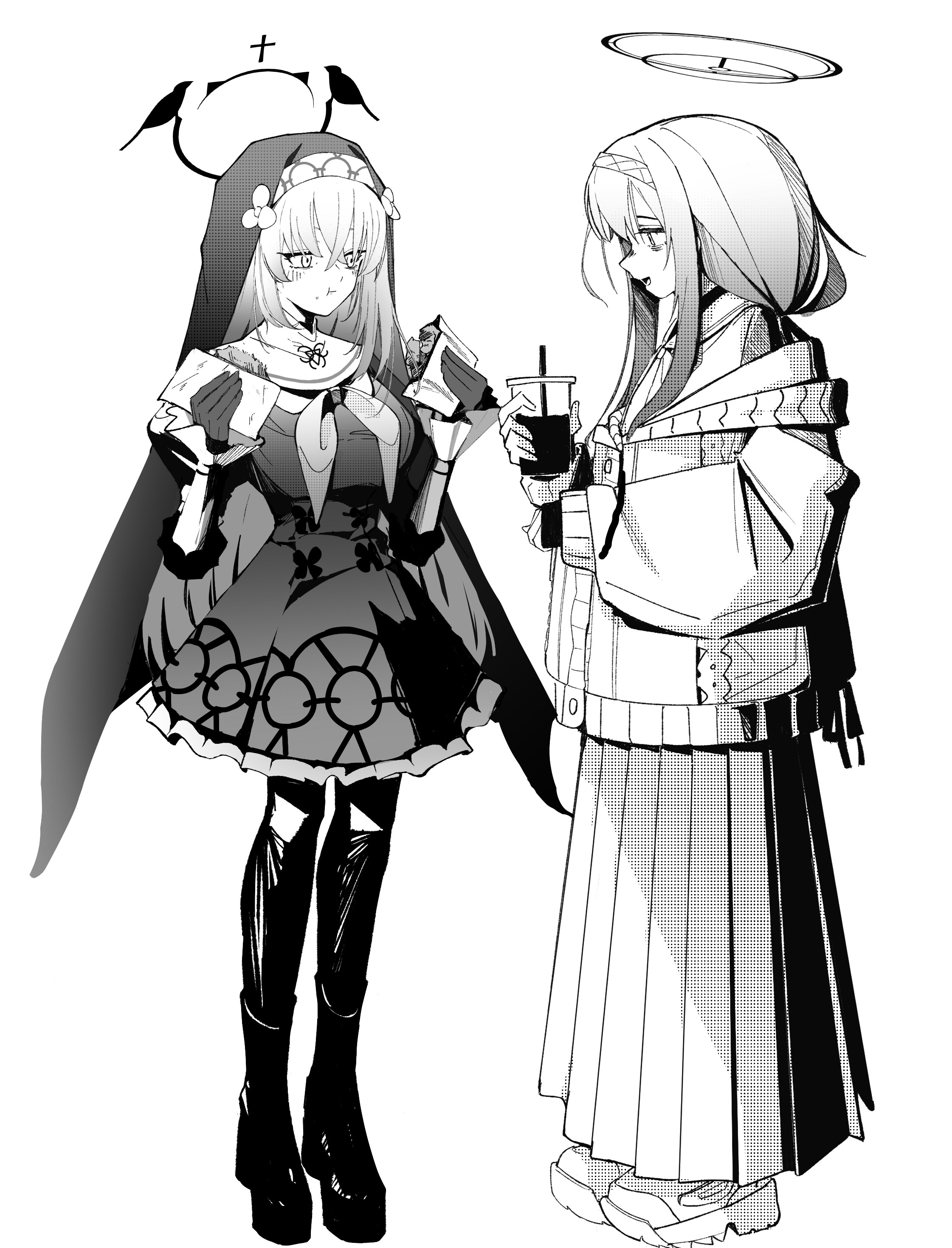amagasa mike, sakurako (blue archive), ui (blue archive), blue archive, absurdres, commentary request, highres, 2girls, blush, boots, cardigan, closed mouth, crossed bangs, dress, drink, food, food in mouth, food on face, greyscale, hairband, halo, holding, holding drink, holding food, long hair, low ponytail, monochrome, multiple girls, neckerchief, nun, open mouth, pantyhose, pleated skirt, ponytail, sailor collar, shoes, skirt, veil, very long hair