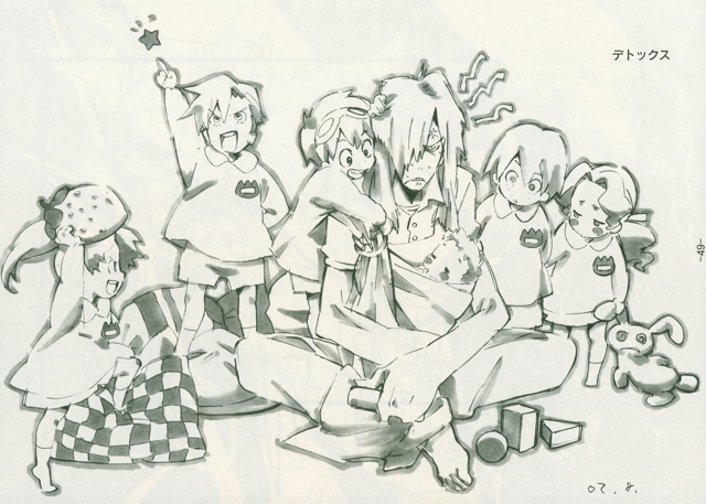 darry adai, gimmy adai, kamina (ttgl), nia teppelin, simon (ttgl), viral (ttgl), yoko littner, tengen toppa gurren lagann, official art, scan, scan artifacts, 00s, 2girls, 4boys, bleed through, child, greyscale, monochrome, multiple boys, multiple girls, oversized limbs