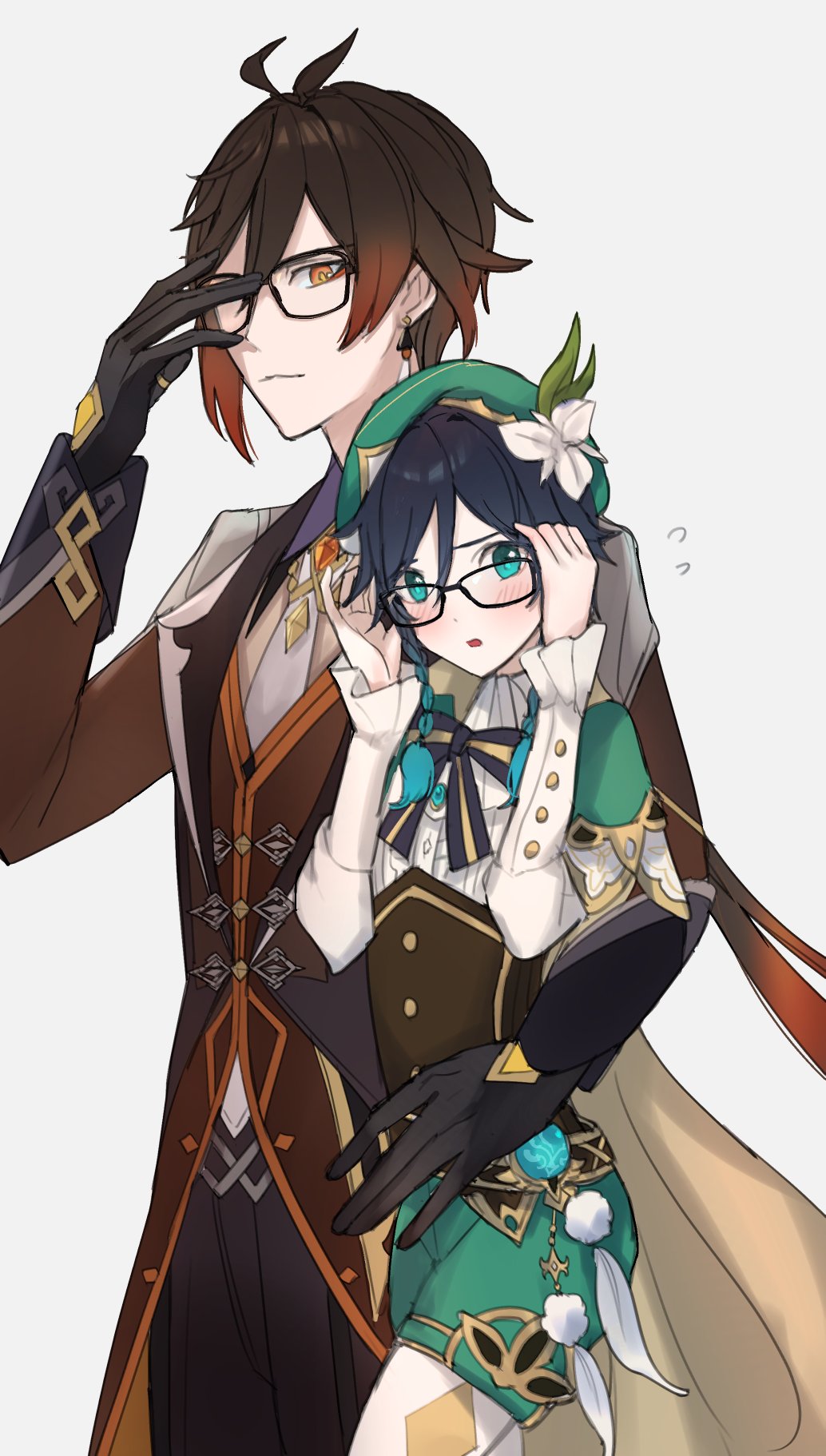 venti (genshin impact), zhongli (genshin impact), genshin impact, commentary, highres, symbol-only commentary, 2boys, argyle clothes, argyle pantyhose, beret, bespectacled, black gloves, black hair, blue hair, blush, braid, brown hair, cape, capelet, collared cape, earrings, flower, formal clothes, glasses, gloves, gradient hair, green cape, green capelet, green eyes, green hat, green shorts, hair between eyes, hat, hat flower, jewelry, kagami333r18, long hair, long sleeves, multicolored hair, multiple boys, necktie, short hair with long locks, shorts, side braids, single earring, suit, thumb ring, twin braids, white flower, white necktie, yellow eyes