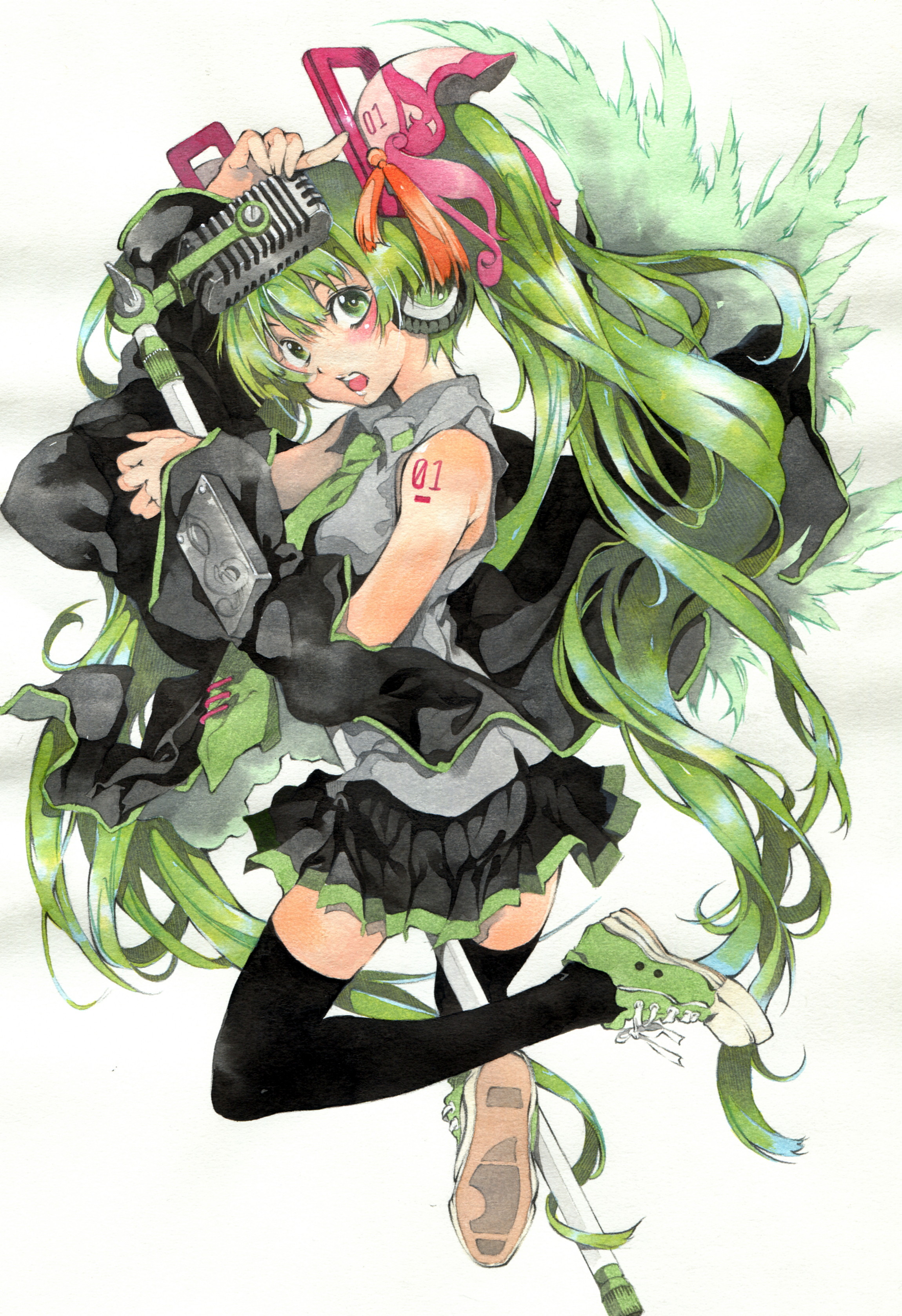 issun boushi, issun boushi (ilmtkimoti), hatsune miku, vocaloid, absurdres, bad id, bad piapro id, highres, traditional media, 1girl, detached sleeves, female focus, green eyes, green hair, hair ribbon, headphones, legs, long hair, matching hair/eyes, microphone, microphone stand, necktie, ribbon, shoes, skirt, smile, sneakers, solo, thighhighs, twintails, very long hair, wings, zettai ryouiki