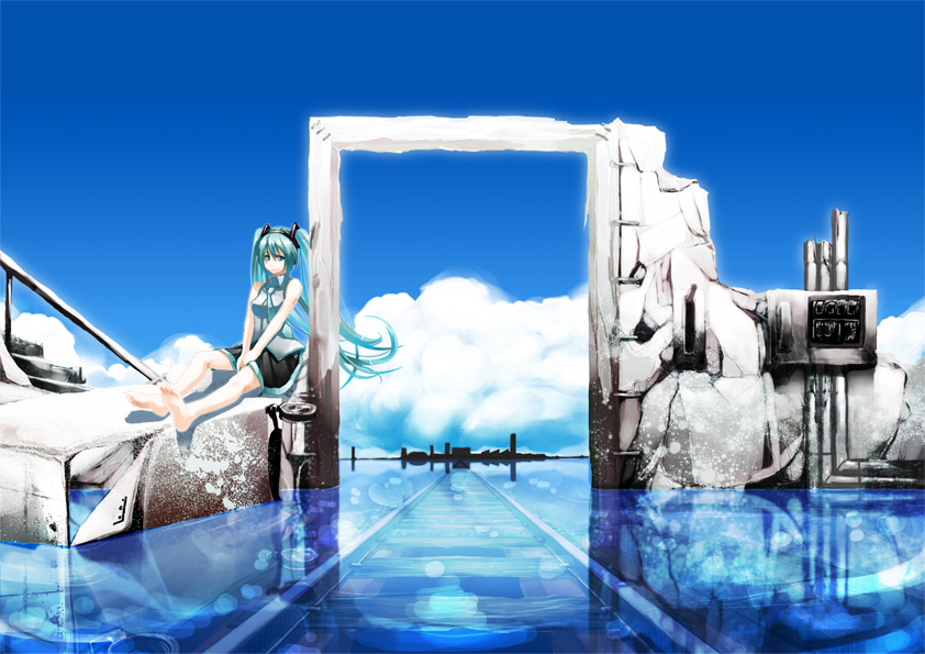 ask02, hatsune miku, vocaloid, 1girl, barefoot, cloud, day, feet, female focus, flood, legs, long hair, railroad tracks, sitting, skirt, sky, solo, twintails, very long hair, water