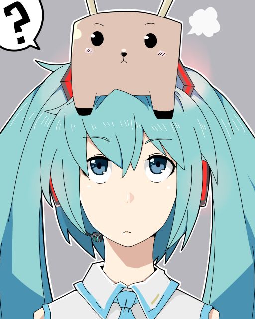 iko (kingreia), winu, winu (kingreia), hatsune miku, vocaloid, bad id, bad pixiv id, 1girl, ?, aqua eyes, aqua hair, box, cardboard box, female focus, headphones, headset, long hair, reindeer, solo, twintails