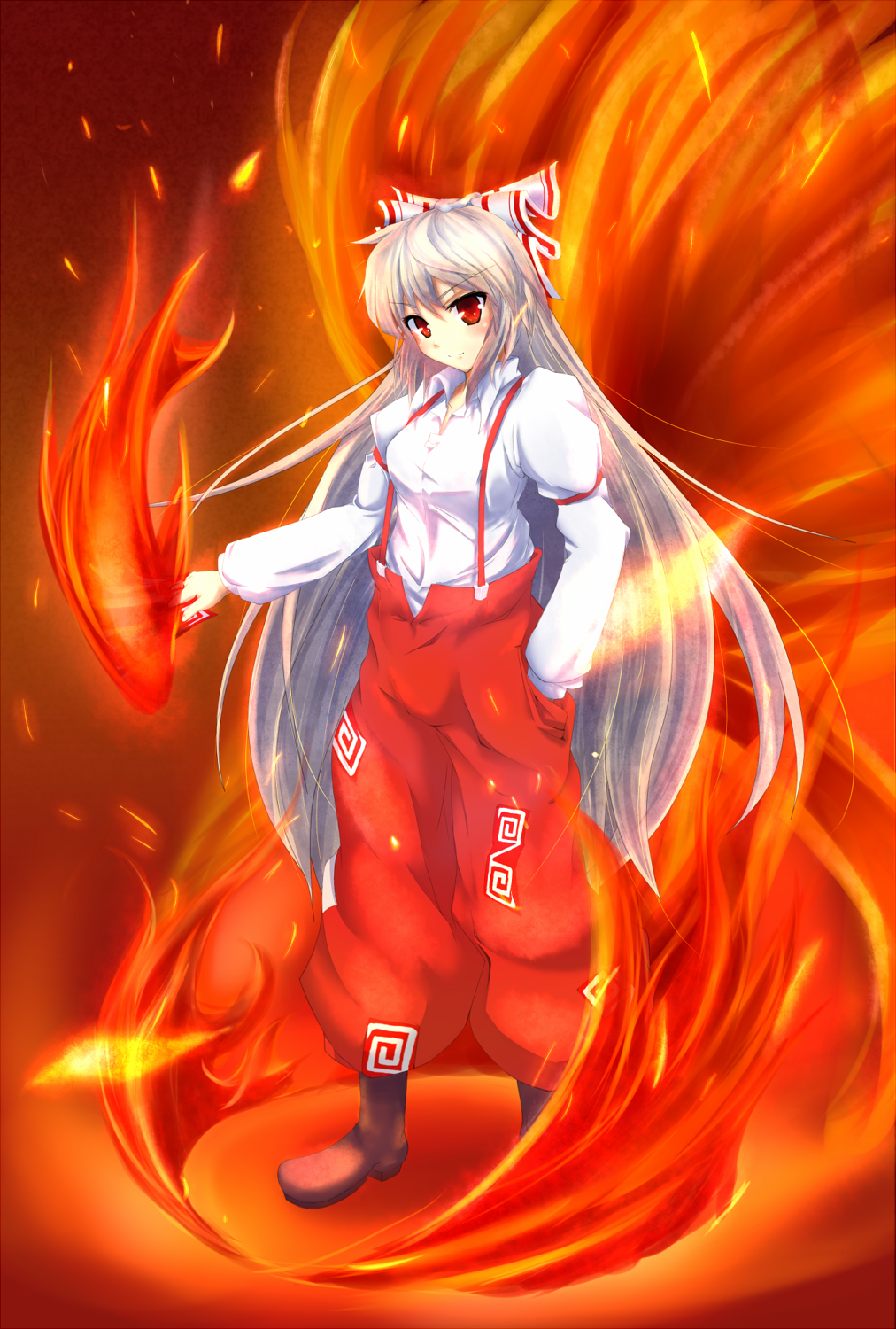 mugen soukyuu, fujiwara no mokou, touhou, silver hair, highres, 1girl, bow, female focus, fire, full body, hair ribbon, long hair, red eyes, ribbon, solo, standing, suspenders