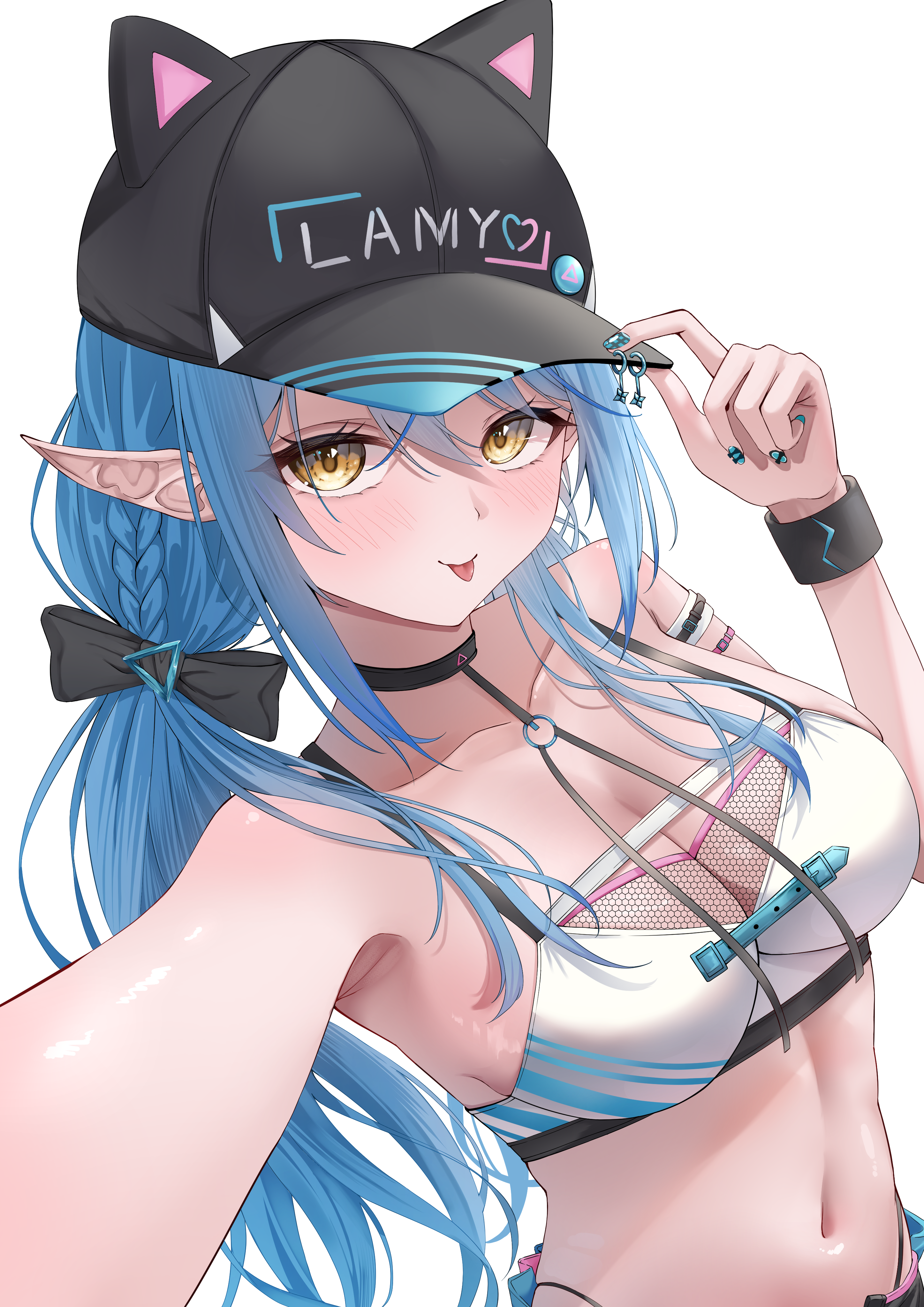 mitsu 3 33, yukihana lamy, yukihana lamy (cyber), hololive, absurdres, commentary request, highres, 1girl, armpit crease, black jacket, blue hair, blue nails, blush, bra, breasts, cleavage, closed mouth, elf, fingernails, jacket, large breasts, long hair, low twintails, parted lips, pointy ears, simple background, single bare shoulder, single off shoulder, smile, solo, tongue, tongue out, twintails, underwear, upper body, virtual youtuber, white background, white bra, yellow eyes